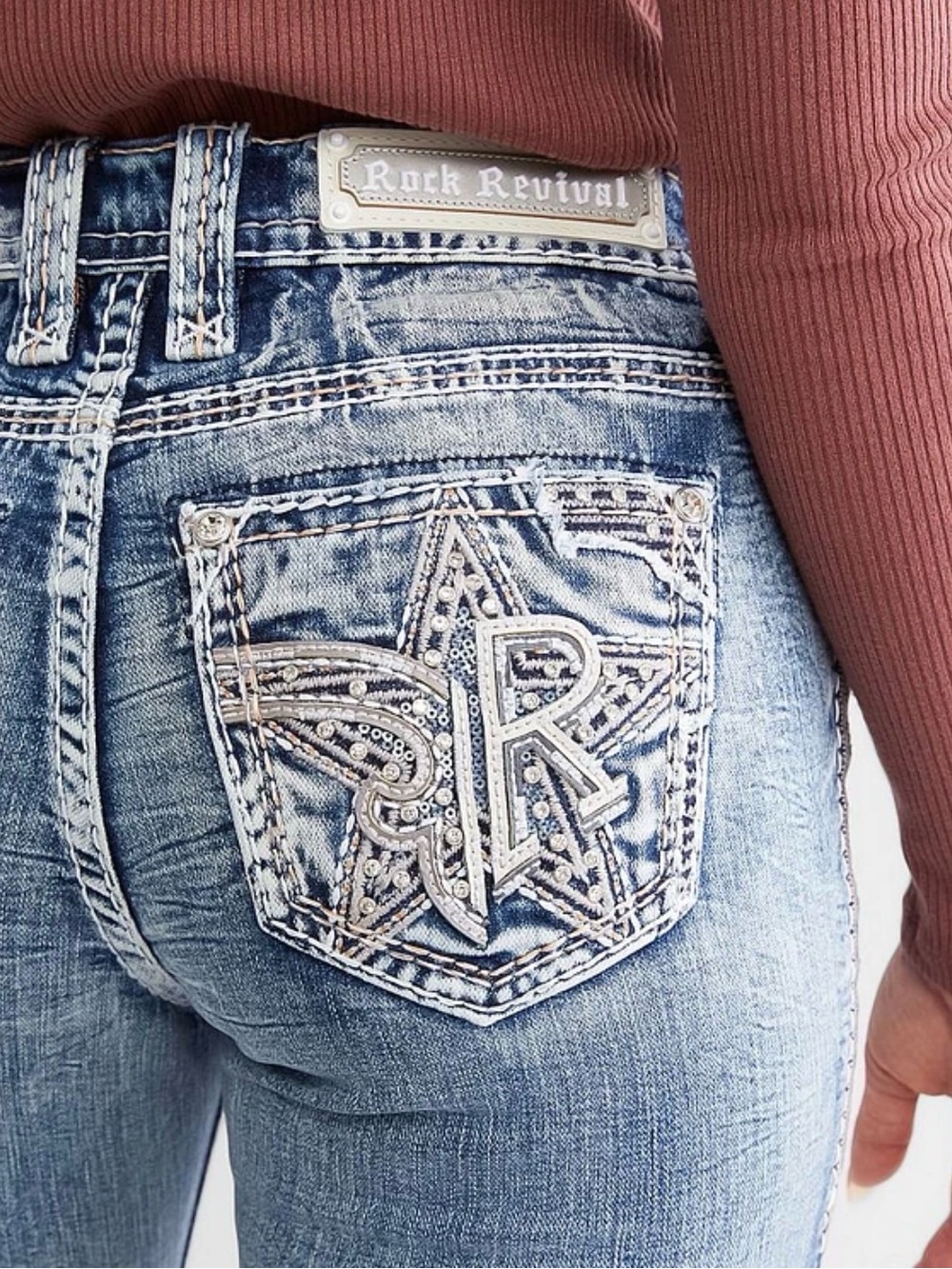 Rock Revival Light Blue Embellished Pocket Mayan Easy Boot Jeans